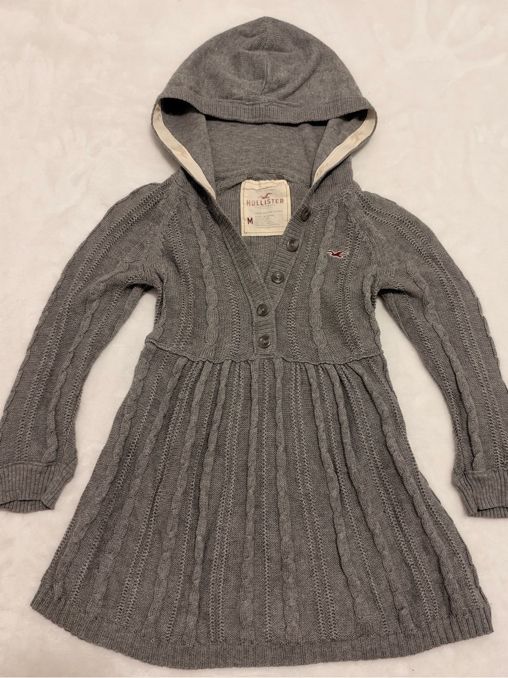 Hollister Gray Cable-Knit Hooded Dress with Button Front